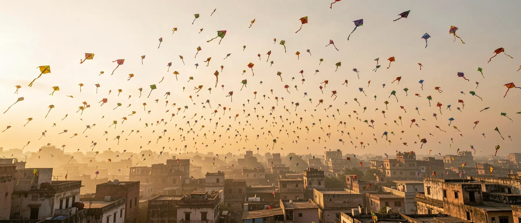 Hundreds of kites over rooftops at sunrise